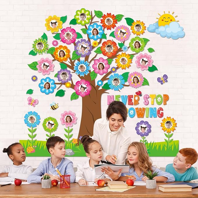 Spring Tree Bulletin Board Decorations Colorful Flowers Butterfly Classroom Bulletin Board Set Never Stop Growing Photo Posting Craft Cutouts for Home School Offices Back to School Wall Decor Supplies