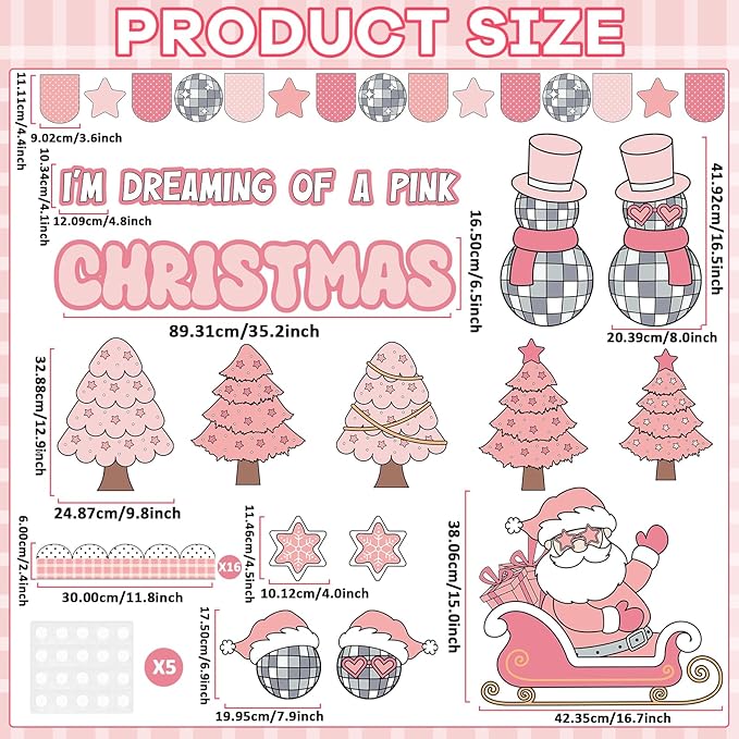 ojustbeok Pink Christmas Bulletin Board Set Xmas Santa Bulletin Board Decoration Christmas Tree Snowman Paper Cutouts for School Classroom Home Chalkboard Wall Xmas Winter Holiday Party Supplies