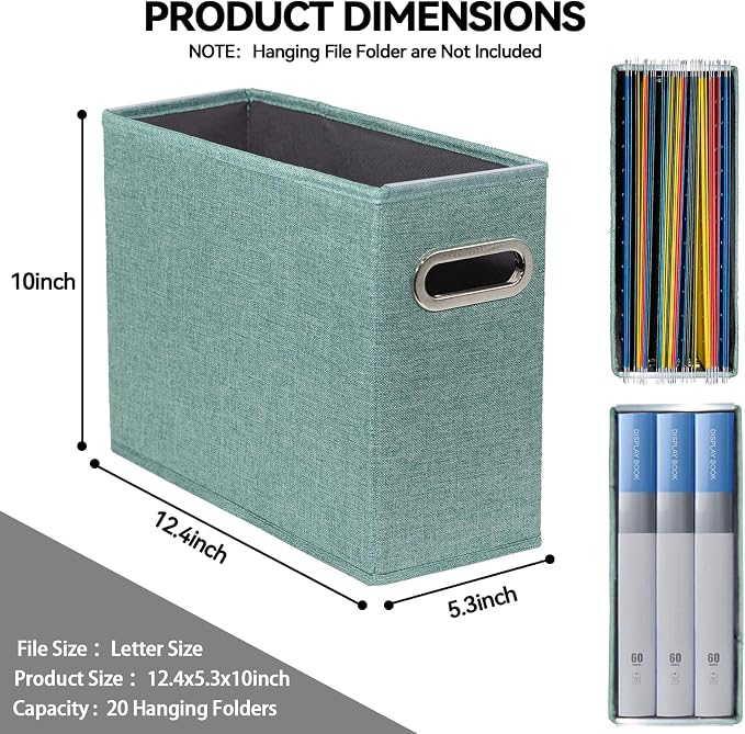 6 Pack Letter Size File Storage Box Collapsible，Fabric Hanging File Folders Organizer, Portable Office Document Holder with Metal Handle, Smooth PVC Rails, Green