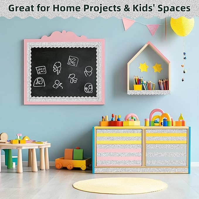 3 Rolls 98.4 Ft Glitter Bulletin Board Borders Set - Silver Bulletin Board Decorations for Classroom, Office，School Supplies & Home DIY - Perfect for Teachers, Posters & Birthday Party Decor