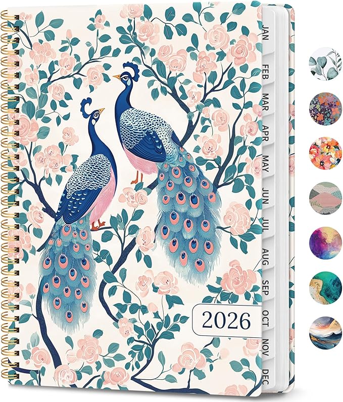 2026 Planner, Weekly and Monthly Calendar Planner Book, January 2026 - December 2026, Hardcover Spiral Planner with Monthly Tabs, Notes Pages, Perfect for Women & Men, A4 (8.5" x 11") - Peacock