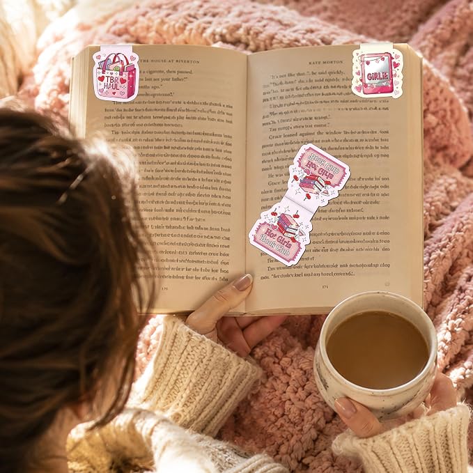 Cute Bookish Magnetic Bookmarks - 18 Pcs Pink Girly Book Marks Gifts Magnet Bulk Funny Page Marker Clip for Reading Lovers Women Girls Readers Students Teachers School Birthday Accessories