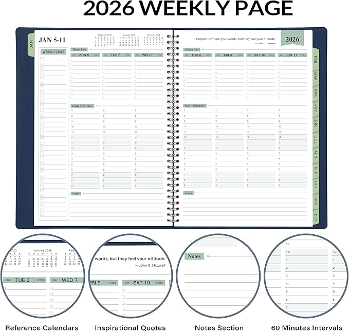 2026 Planner - Planner 2026 Weekly and Monthly, 11.38'' x 8.74'', 2026 Calendar Leather Planner, JAN 2026 - DEC 2026, Daily Hourly Appointment Book, To Do List, Monthly Tabs, Faux Soft Leather, Back Pockets - Blue
