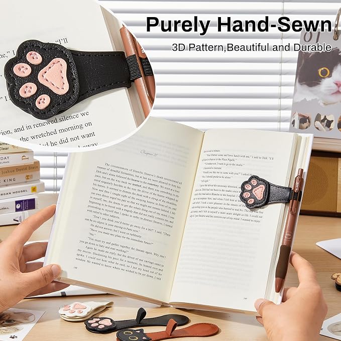 2Pcs Magnetic Bookmarks with Gift Box Magnetic Pen Holder for Notebook Cat Book Marks Clip Gift for Book Lover Readers Cute PU Leather Bookmark for Women, Paw (Black+Black)