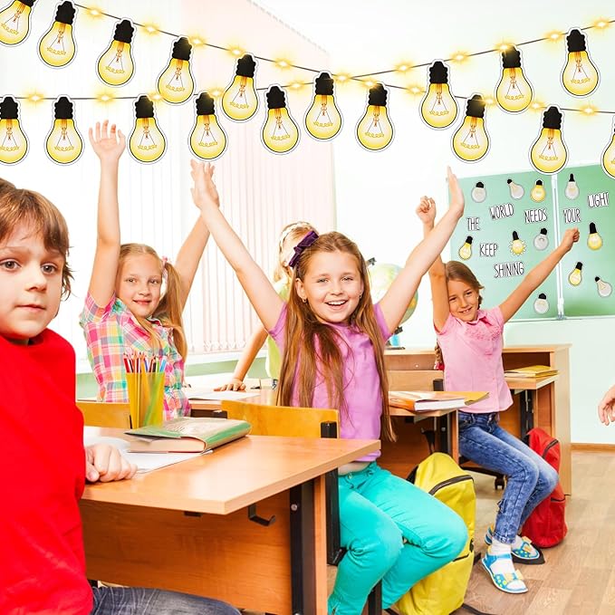 Karenhi 108 Pcs Classroom Light Bulb Bulletin Board Decoration Cutouts Set with Glue Point - Back to Schol Supplies Keep Shining Motivational Banner First Day of Shool Decor (Classic)