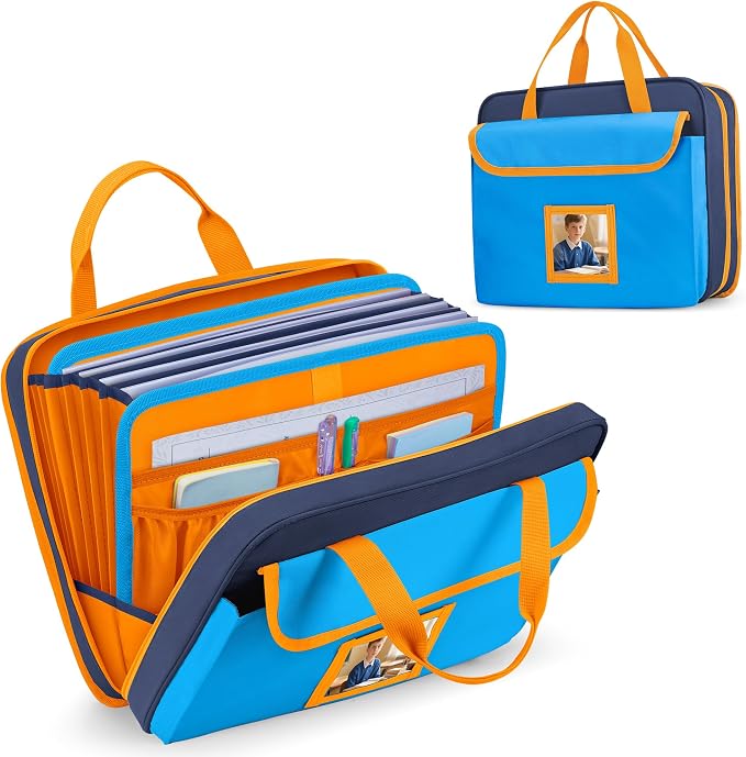 GRAOSO Zipper Document Bag for Boys and Girls, 9 Expandable Folders, Baby Portfolio Organizer Case with Customized Photo and Name Areas, Blue