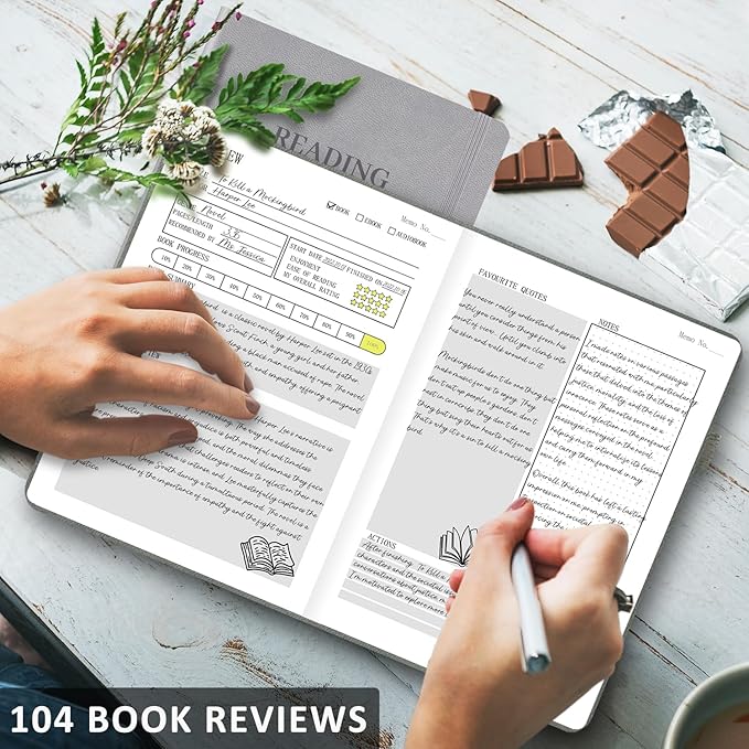 Reading Journal with 104 Book Reviews, Book Journal for Books Lovers & Readers - Review and Track Your Reading Progress, Reading Log Notebook Gift, A5, Gray
