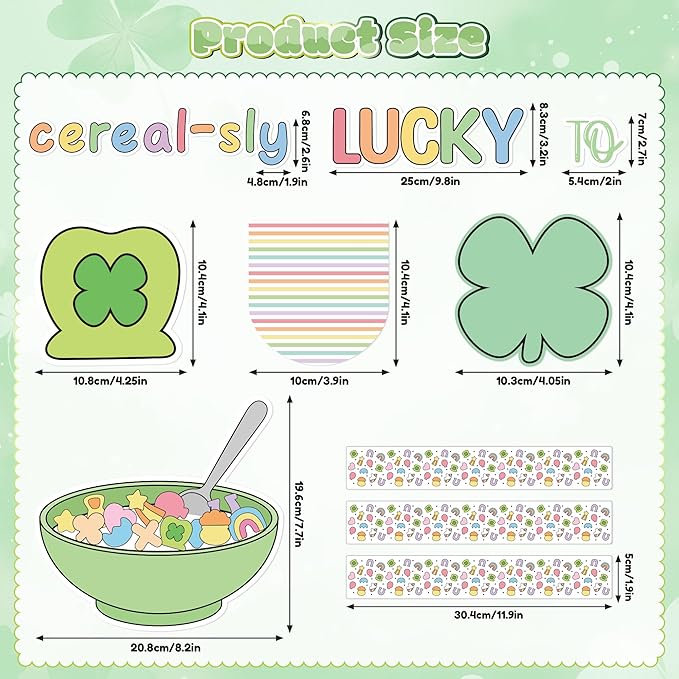 St. Patrick's Day Bulletin Board - 137pcs Cereal-sly Lucky Charms Cutout with Banner Decor Set, Shamrock Rainbow Clover Chalkboard Classroom Wall Accents Ideas Kits for Irish Day Party Supplies