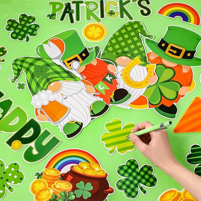 Pasimy St. Patrick's Day Bulletin Board Decorations Set Shamrocks Gold Coin 3D Rainbow Paper Cutouts Lucky Clover Bulletin Board Borders for Green Irish Holiday School Home Wall Decor(Gnome)