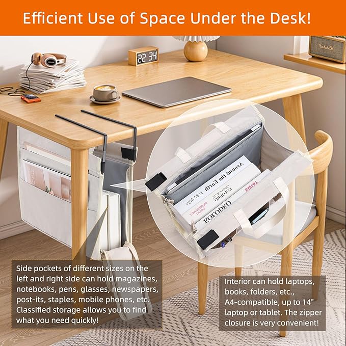 MASTLU Under Desk Hanging Storage Bag, Desk Organizer Storage, Office Side Storage Bag, Compatible with A4 Files, Detachable Handle Design, No Assembly Required, for Office Home School (Beige)