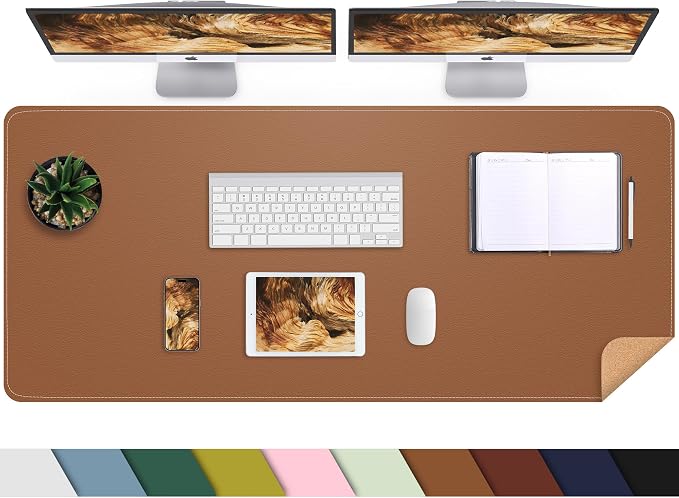 AFIING Leather Desk Pad Protector, Large Desk Mat with Natural Cork & PU Leather, Mouse Pad, Non-Slip Waterproof Desk Writing Pad for Office and Home (Brown)