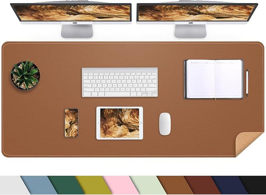 AFIING Leather Desk Pad Protector, Large Desk Mat with Natural Cork & PU Leather, Mouse Pad, Non-Slip Waterproof Desk Writing Pad for Office and Home (Brown)