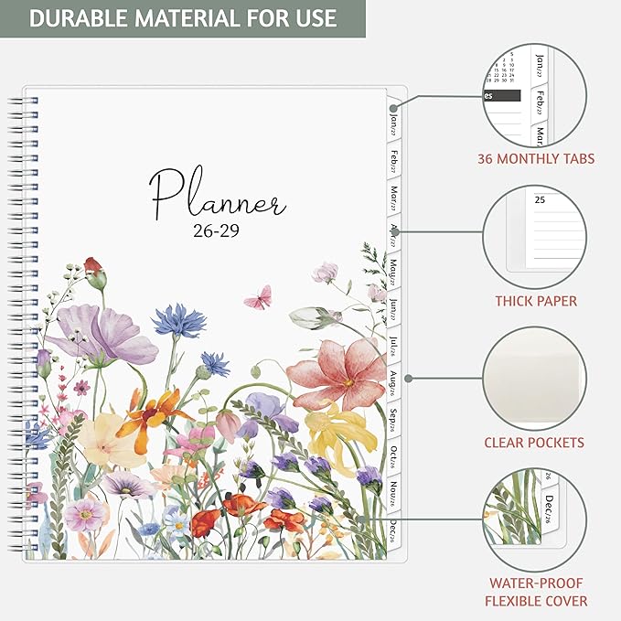 Monthly Planner 2026-2029, 36 Months Calendar Planner 2026-2029 from Jul 2026 – Jun 2029, 8.5'' x 11'' with Ruled Spread, Flexible Cover, Spiral Wirebound, Pocket, Coated Tabs, Notes ＆ Habit Tracker