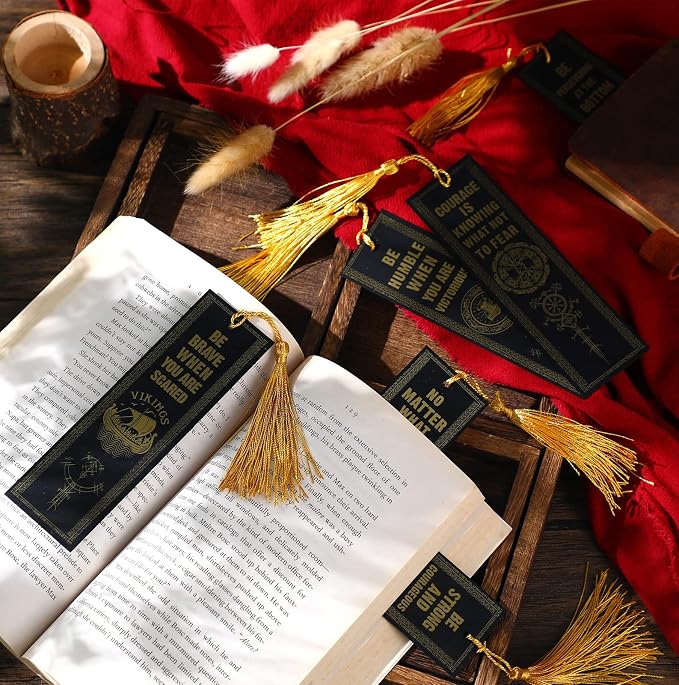 10 Pcs Motivational Bookmarks for Men Christmas Nordic Vikings Bookmarks with Tassels Celtic Book Marker PVC Scandinavian Vikings Book Marks for Xmas Office Employee Teacher Classroom Reader Gift