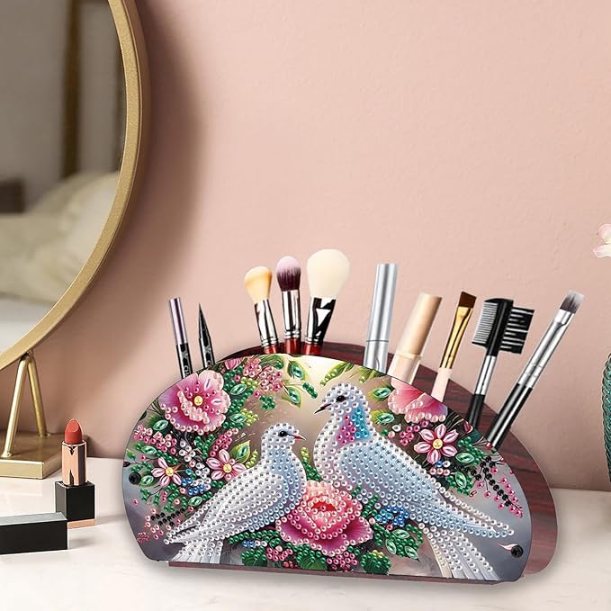 Remote Control Holder with 4 Compartments, DIY Diamond Art Painting Wooden Half Moon TV Control Holder for Remote Controllers, Office Supplies, Makeup Brush, Media Accessories-Pigeon-1