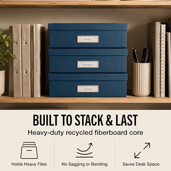 Bigso Box of Sweden Oskar Fiberboard Label Frame Document Letter Box | File Organizer for Important Paperwork | Document Storage with a Lid & Label Window | 3.3"x10.2"x13.8" | 3 Pack | Dark Blue