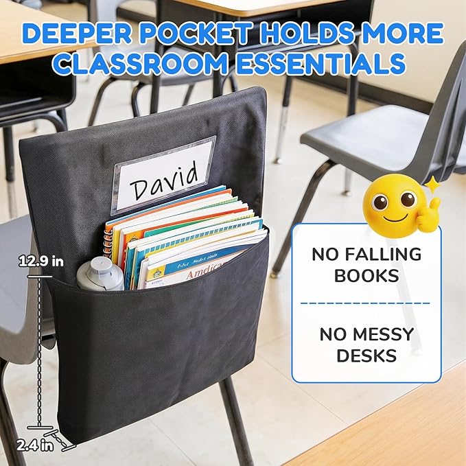 Joycat 24 Pack Classroom Chair Pocket for School, Large Capacity Student Storage Organizer with Deep Pocket & Name Tag Slot, Heavy Duty Chair Bag for Classroom Books & School Supplies