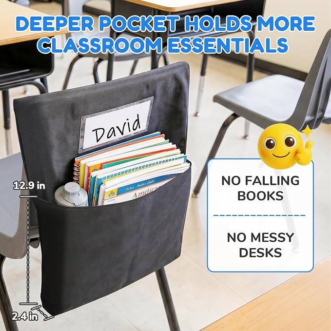 Joycat Classroom Chair Pocket for School, Large Capacity Student Storage Organizer with Deep Pocket & Name Tag Slot, Heavy Duty Chair Bag for Classroom Books & School Supplies