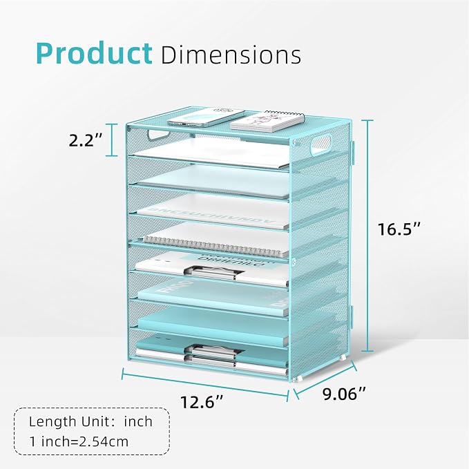 DALTACK 9-Tier Paper Organizer for Desk, Mesh Letter Tray Desk Organizer with Handles, Space-Saving File Organizer for Office Home School, Blue 2 Pack