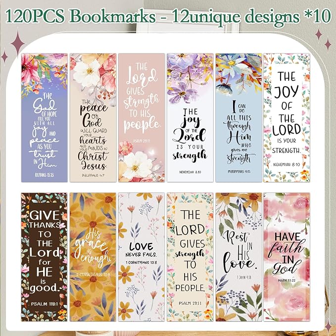 Bible Verse Bookmarks Gifts - 120 Pcs Christian Flower Bookmark Paper Scripture Religious Book Marks Page Clip Inspirational Gift for Women Men Church Book Lovers Reading Bookish Supplies