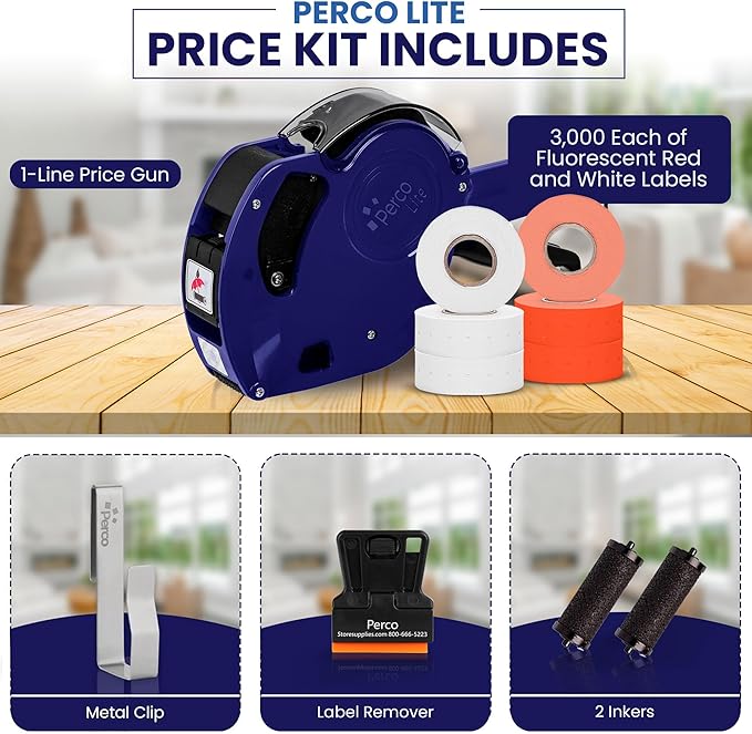 Perco Lite 1 Line Price Gun with Labels Kit - Includes 3 White Rolls, 1 Gun Clip, 3 Fluorescent Red Rolls, 2 Ink Rollers, 1 Ink roll and Labels Pre-Loaded