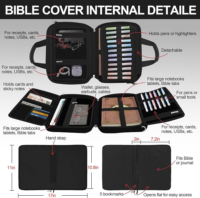 Large Bible Cover Case for Mens Boys Women Organizer, Church Bag Book Carrying Case with Highlighters Shoulder Strap Pens Cross Clip Study Supplies Journaling Kit, Christian Gifts Black