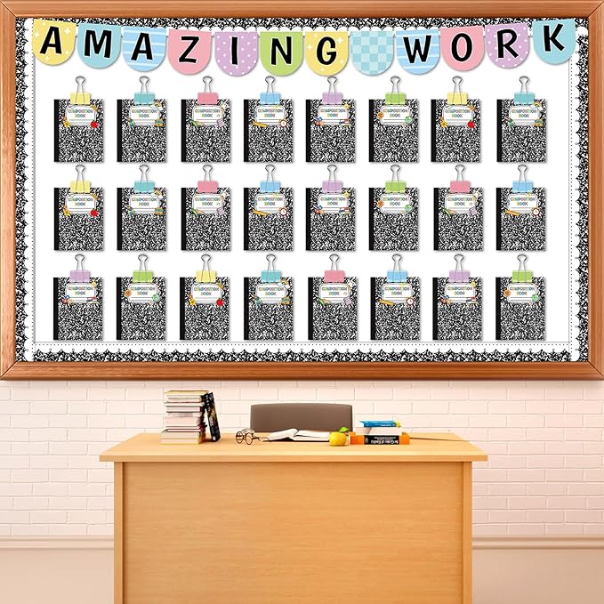 24 Pcs Student Work Display Bulletin Board Composition Notebook Classroom Decoration Inspirational Amazing Work Wall Decor Composition Book Paper Cutouts for Teacher Back to School Chalkboard Supplies