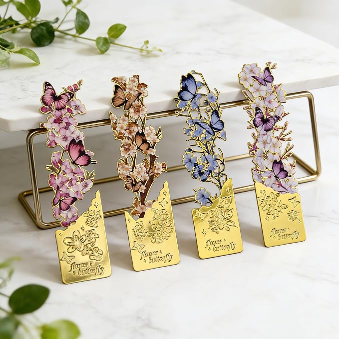 4 Pack Butterfly Flower Bookmarks - Hollow Metal Bookmarks for Book Lovers, Aesthetic Floral Book Markers, Durable Page Markers, Perfect Gift for Readers (Assorted Colors)