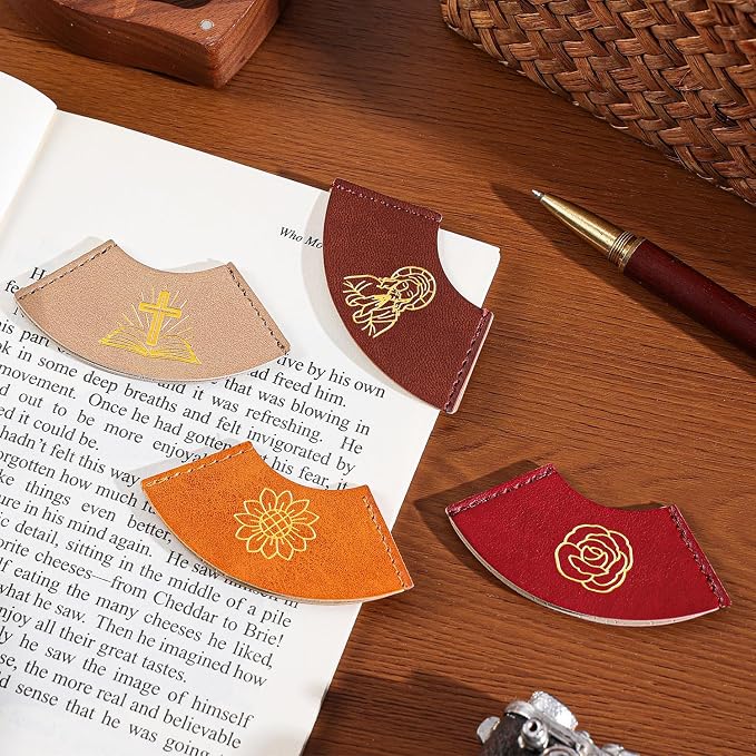 4 PCS Vintage Leather Bookmarks, Bible Bookmarks with Gold Stamping, Christian Book Mark Gift for Bible Study & Journaling, Cute Page Markers for Book Lovers Women Girls