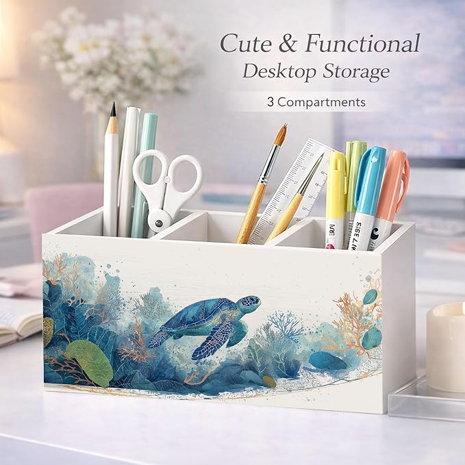 Sea Turtle Desk Organizer Wooden Pen Pencil Holder for Desk, 3 Compartments Ocean Themed Accessories, Coastal Turtle Lover Decor for Home Office Table Storage