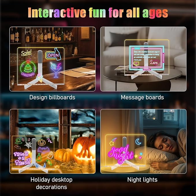 Led Note Board with Colors, Light Up Acrylic Message Board, Glowing Acrylic Dry Erase Board with Light, Led Boards to Write On, Led Writing Board Led Drawing Board (Medium 7.9 * 7.9 inches)
