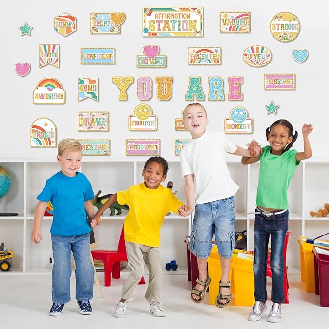 Hippie Retro Groovy Affirmation Station Bulletin Board Set Boho Hippie Motivational Bulletin Board Classroom Decorations Positive Affirmations Station Posters Cutouts for Classroom Wall Mirror Decor