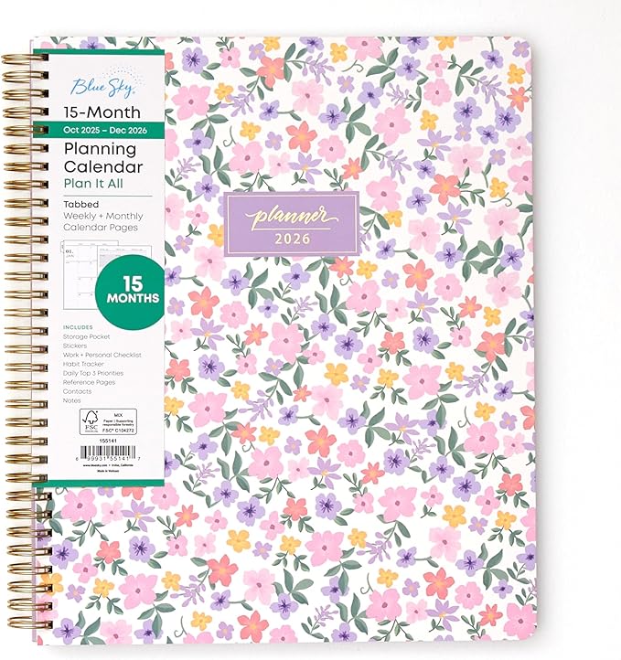 Blue Sky 15 Month 2026 Weekly and Monthly Planner Calendar, October 2025 - December 2026, 8.5" x 11", Laminated Cover, Durable Twin Wire Binding, Laminated Tabs, Storage Pocket, Includes Stickers, Darby