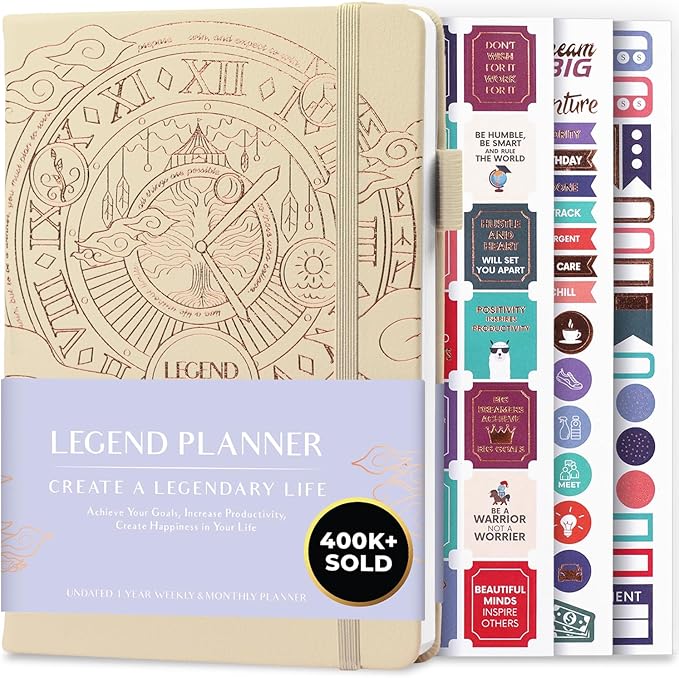 Legend Planner – Undated Weekly & Monthly Life Planner to Hit Your Goals & Live Happier, Organizer Notebook & Productivity Journal, A5 (Seashell, Gold)