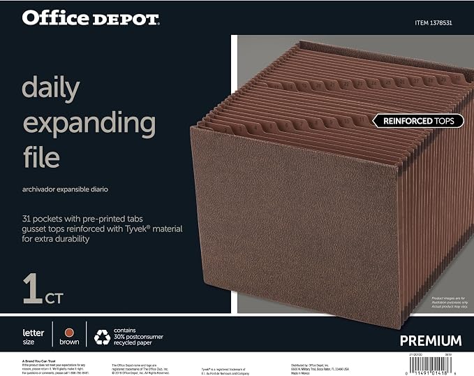 Office Depot Expanding File, Letter, 1-31, 31 Pockets, Brown, OM01418