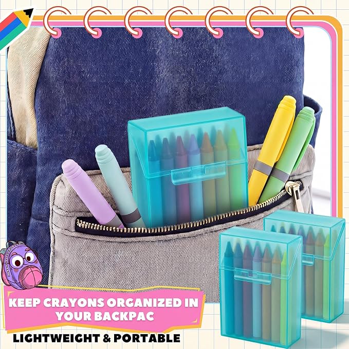 Clabby 4 Pcs Plastic Crayon Organizer Case for 24 Count Crayons Kids Art Supply Storage Box with Lid, Portable Holder for Classroom Home Travel, Fits Standard 24-Pack Crayon (Teal)