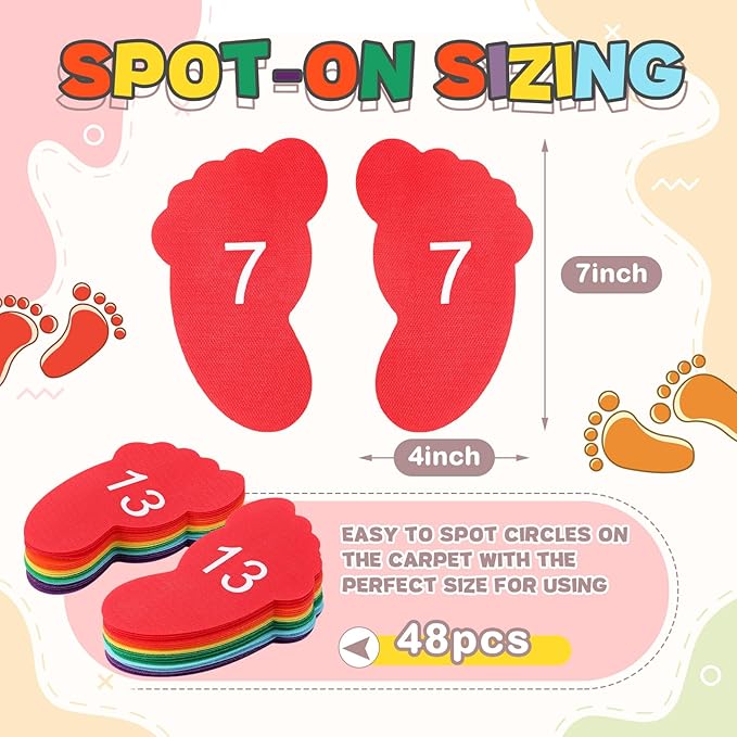 Outus 48 Pieces Carpet Feet Spots, Sit Foot Spots, Line up Spots for Classroom Floor, Carpet Markers for Teacher Supplies Classroom Rug, School Decoration (Number 1-24)