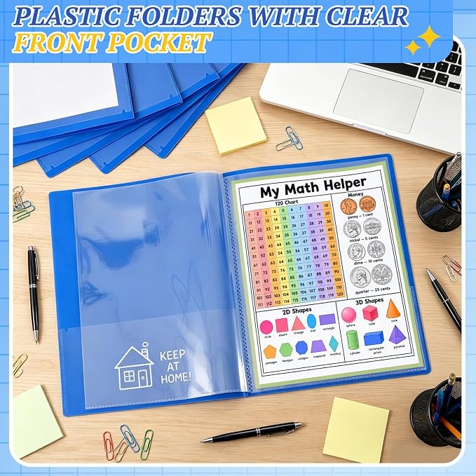 12 Pcs Take Home Folders for Elementary Students,Back to School 2 Pocket Folders with Clear Front Pocket 4 Inner Pockets,Plastic Parent Teacher Communication Folder 11.81 x 9.45 Inch (Blue)