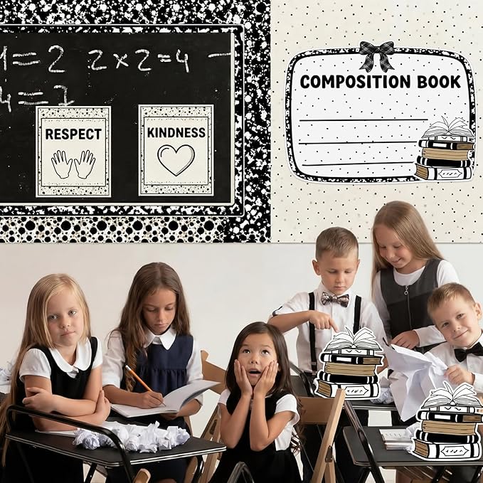 Gueevin 4 Pcs Large 23 * 16.5 inch Composition Book Cutouts Composition Notebook Bulletin Board Trim for Classroom Door First Day of School Wall Windows Porch Sign (Black White)