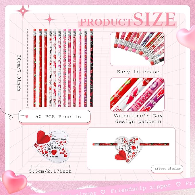ReliThick 50 Pcs Valentines Pencils Cross Through Heart Shaped Valentines Day Gift Cards Heart Wood Pencils with Eraser Top for Carnival Prize Classroom Exchange Party Favor Party Bag Filler