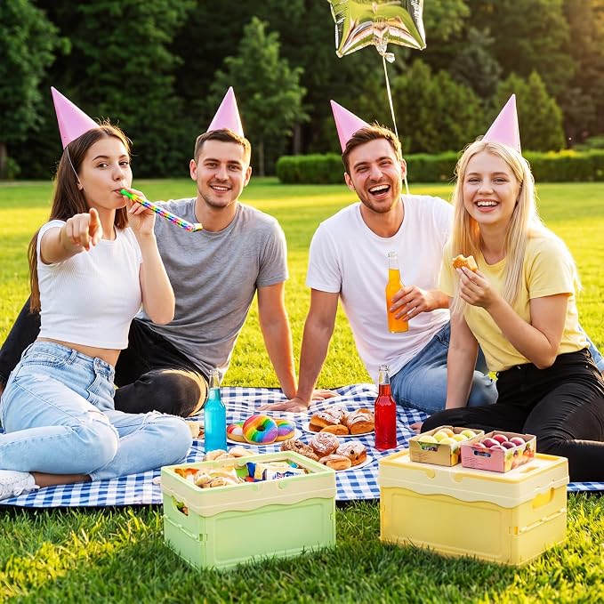 2 Pcs Pastel Plastic Collapsible Storage Crates with Lids and Handle Collapsible Picnic Basket Stackable Storage Bins Cute Foldable Container for Home Kitchen Office Bathroom(Green,Yellow)