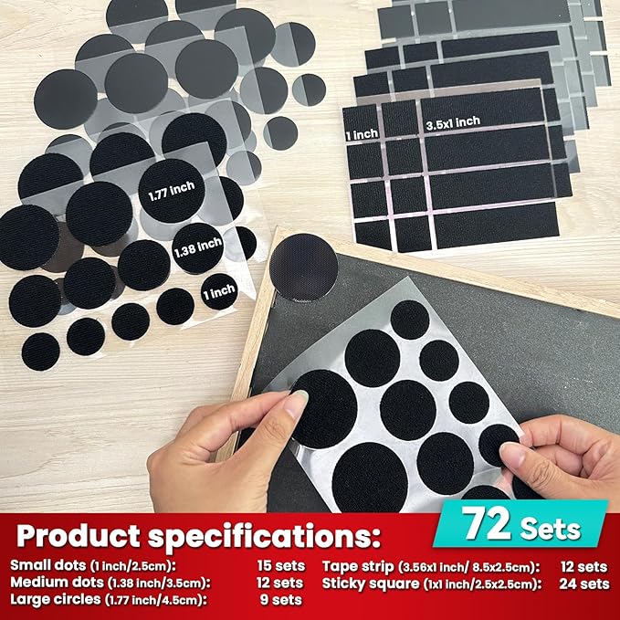 Tikfoam Heavy Duty Hook and Loop Strips with High Adhesive, and Square Circle, Strong Mounting Tape for Home, Outdoor or Office Use, Black 72 Sets
