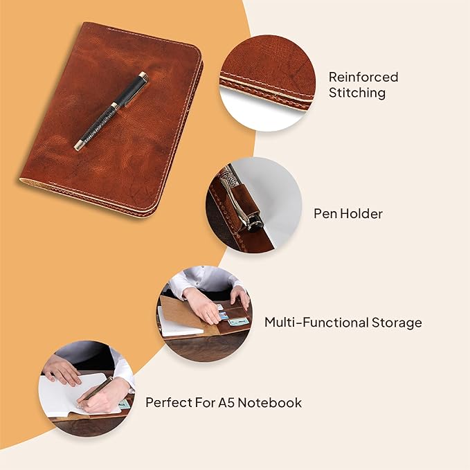 Genuine Leather A5 Journal Cover Refillable Notebook Cover, Fits 5.75 x 8.25 in, Card Slots Pocket & Pen Holder, Handmade Professional Leather Organizer for Men & Women, Travel & Work Diary Cover (Tan)