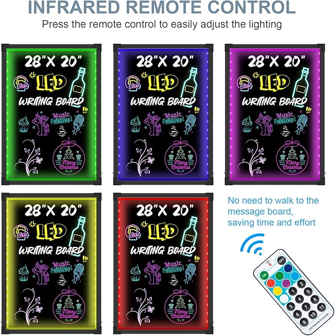 LED Message Board, 28"x20" Flashing Neon Effect & Remote Control, Illuminated Erasable Signage Board for Restaurants/Bars/Cafes, Includes 8 Fluorescent Chalk Markers