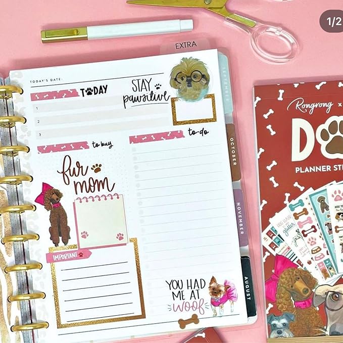 Rongrong Dog Planner Stickers Book for Planners, Calendars, Journals and Projects – Premium Quality Hand Drawn and Full of Canine Fun – Scrapbook Accessories – 24 Sheets