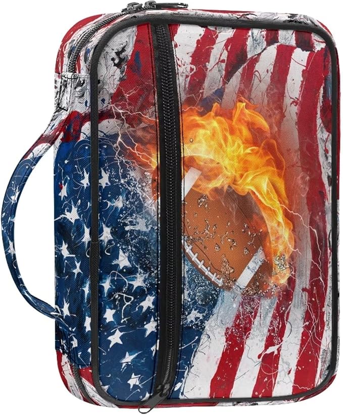 Ice Fire Rugby Football USA Flag Bible Cover for Men Kids Boys 4th of July Independence Day Memorial Day USA American United States Patriotic Print Bible Case Carrying Book Case for Study