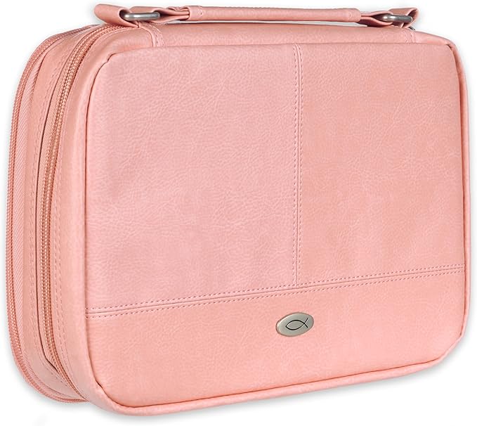 Christian Art Gifts Inspirational Vegan Leather Two-fold Organizer Bible Cover for Women, Jesus Fish Badge, Sturdy Carry Handle, Pen Loops, Pockets, Pen/Highlighter Combo & Notepad, Pink, Medium