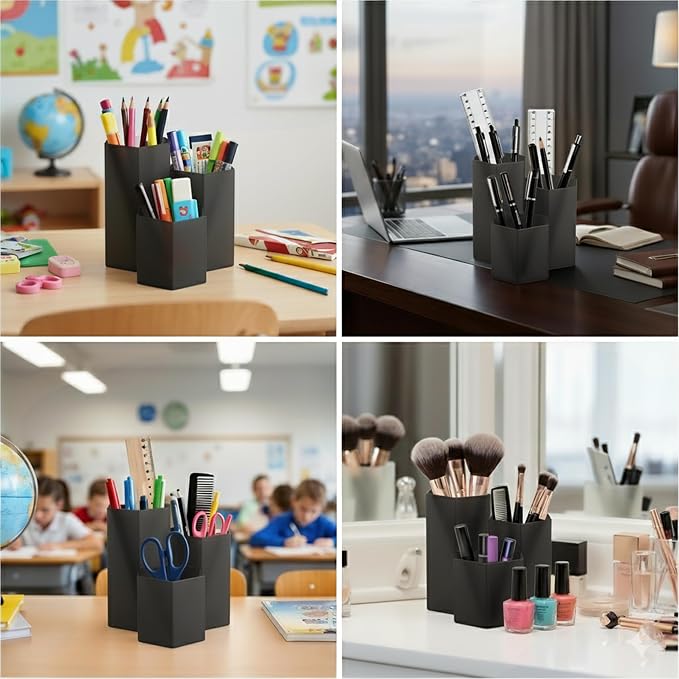 Black Pen Holder for Desk | 3 Compartment Organizer Desk for Pen, Pecils, Makeup Brushes, Tooth Brushes | Cute Pencil Cup Desk Organizers and Accessories for Office, Home, Classroom, Teacher Desks