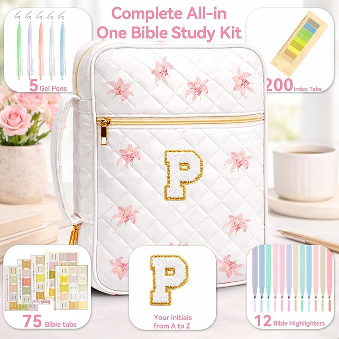 Bible Bag for Women, Bible Cover Case with Study Supplies, Initials Personalized Quilted Bible Bag, Large Chenille Bible Cover – Christian Gift for Girls (Pink Lilies-P)
