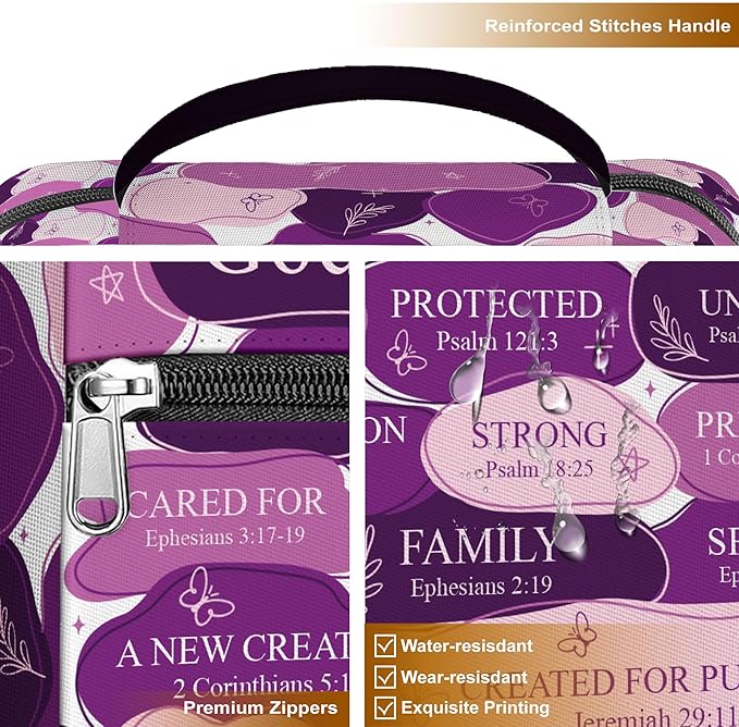 God Says I Am Bible Cover for Women with Handle and Zipper Pocket, Christian Scripture Case for Girls, Inspirational Purple Bible Bag, Fits Standard Size, Faith Gift for Mom, Church